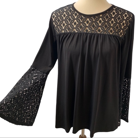 Michael Michael Kors Black Lace Trim Bell Sleeve Pullover Top Women’s Medium - Picture 3 of 13